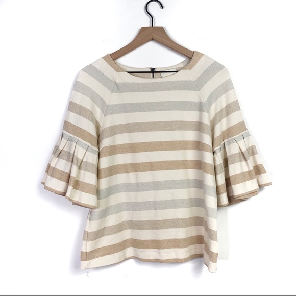Maeve Anthro Silver Creme Stripe Bell Sleeve Top - Picture 1 of 6